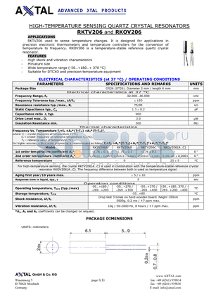 RKTV206 datasheet - HIGH-TEMPERATURE SENSING QUARTZ CRYSTAL RESONATORS