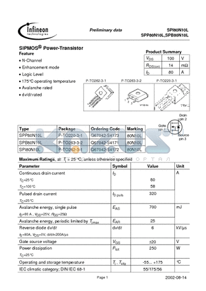 SPI80N10L datasheet - SIPMOS Power-Transistor
