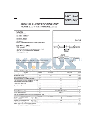 SPKC1240F datasheet - SCHOTTKY BARRIER SOLAR RECTIFIER VOLTAGE 40 and 45 Volts CURRENT 12 Amperes