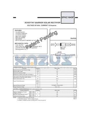 SPKC1645F datasheet - SCHOTTKY BARRIER SOLAR RECTIFIER VOLTAGE 45 Volts CURRENT 16 Amperes