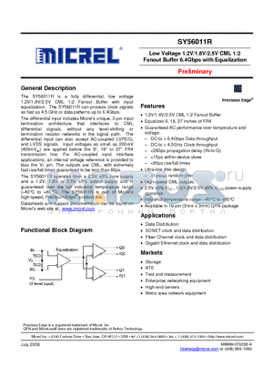 SY56011RMGTR datasheet - Low Voltage 1.2V/1.8V/2.5V CML 1:2 Fanout Buffer 6.4Gbps with Equalization