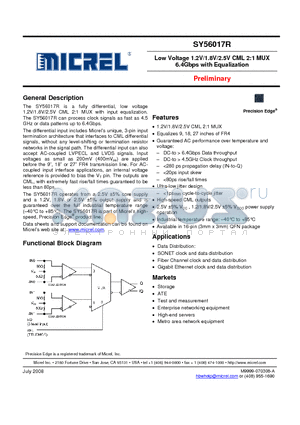 SY56017RMG datasheet - Low Voltage 1.2V/1.8V/2.5V CML 2:1 MUX 6.4Gbps with Equalization