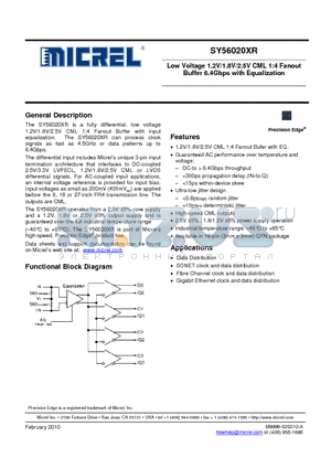 SY56020XRMGTR datasheet - Low Voltage 1.2V/1.8V/2.5V CML 1:4 Fanout Buffer 6.4Gbps with Equalization