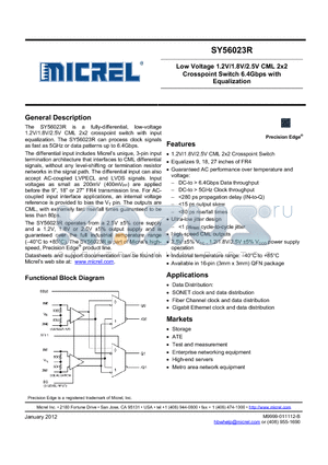 SY56023RMG datasheet - Low Voltage 1.2V/1.8V/2.5V CML 2x2 Crosspoint Switch 6.4Gbps with Equalization