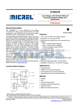 SY56023RMGTR datasheet - Low Voltage 1.2V/1.8V/2.5V CML 2x2 Crosspoint Switch 6.4Gbps with Equalization