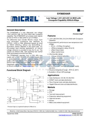 SY56034ARMG datasheet - Low Voltage 1.2V/1.8V/2.5V 2:6 MUX with Crosspoint Capability 5GHz/6.4Gbps