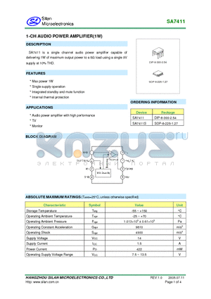 SA7411S datasheet - 1CH AUDIO POWER AMPLIFIER(1W)