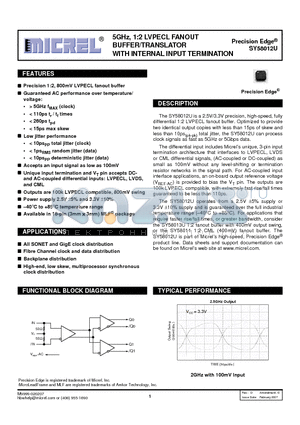 SY58012UMGTR datasheet - 5GHz, 1:2 LVPECL FANOUT BUFFER/TRANSLATOR