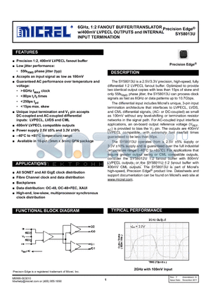 SY58013U datasheet - 6GHz, 1:2 FANOUT BUFFER/TRANSLATOR w/400mV LVPECL OUTPUTS