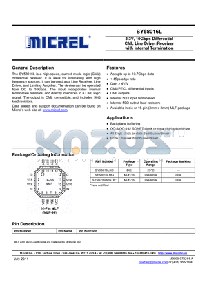 SY58016L_11 datasheet - 3.3V, 10Gbps Differential CML Line Driver/Receiver with Internal Termination