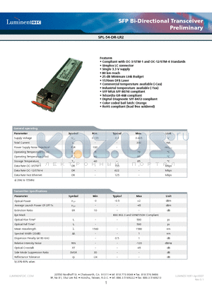 SPL-54-DR-LR2-CNA datasheet - SFP Bi-Directional Transceiver Preliminary