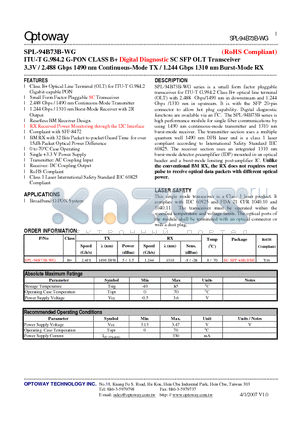 SPL-94B73B-WG datasheet - ITU-T G.984.2 G-PON CLASS B Digital Diagnostic SC SFP OLT Transceiver 3.3V / 2.488 Gbps 1490 nm Continuous-Mode TX / 1.244 Gbps 1310 nm Burst-Mode RX