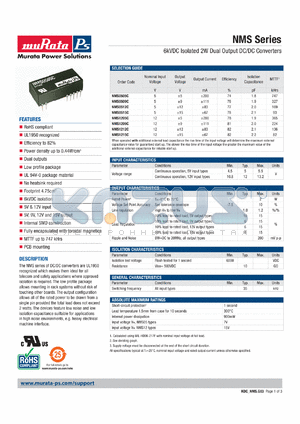 NMS0505C datasheet - 6kVDC Isolated 2W Dual Output DC/DC Converters