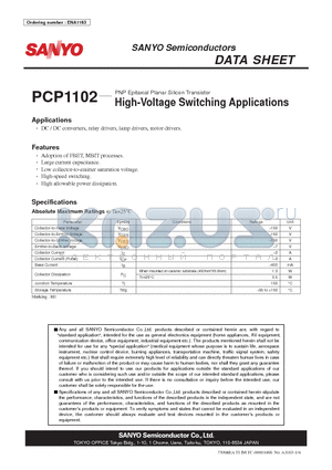 PCP1102 datasheet - PNP Epitaxial Planar Silicon Transistor High-Voltage Switching Applications