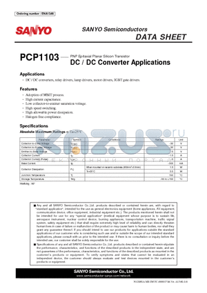 PCP1103 datasheet - PNP Epitaxial Planar Silicon Transistor DC / DC Converter Applications