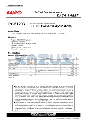 PCP1203 datasheet - NPN Epitaxial Planar Silicon Transistor DC / DC Converter Applications