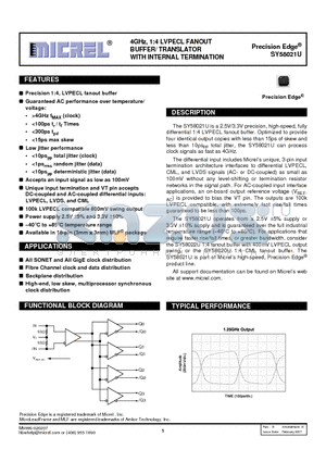 SY58021UMGTR datasheet - 4GHz, 1:4 LVPECL FANOUT BUFFER/ TRANSLATOR WITH INTERNAL TERMINATION