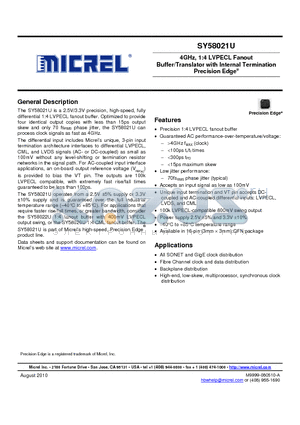 SY58021UMITR datasheet - 4GHz, 1:4 LVPECL Fanout Buffer/Translator with Internal Termination Precision Edge