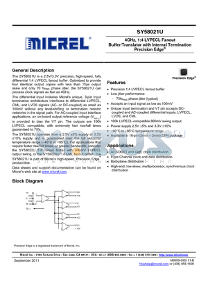 SY58021U_1109 datasheet - 4GHz, 1:4 LVPECL Fanout Buffer/Translator with Internal Termination Precision Edge^