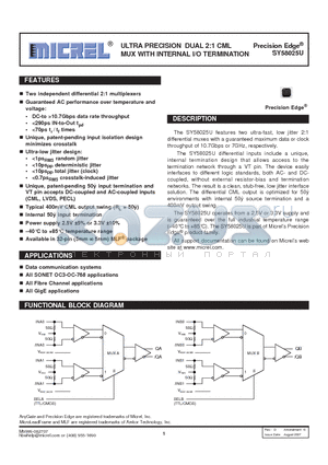 SY58025UMI datasheet - ULTRA PRECISION DUAL 2:1 CML MUX WITH INTERNAL I/O TERMINATION