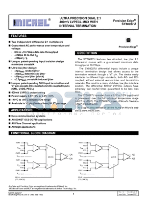 SY58027UMG datasheet - ULTRA PRECISION DUAL 2:1 400mV LVPECL MUX WITH INTERNAL TERMINATION