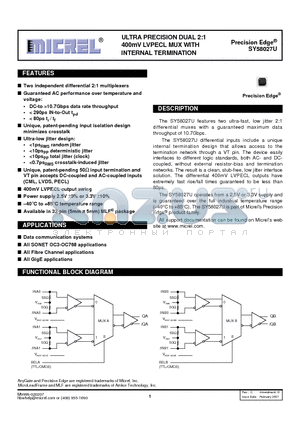 SY58027UMGTR datasheet - ULTRA PRECISION DUAL 2:1 400mV LVPECL MUX WITH INTERNAL TERMINATION