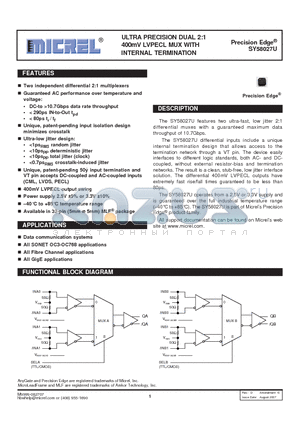 SY58027UMI datasheet - ULTRA PRECISION DUAL 2:1 400mV LVPECL MUX WITH INTERNAL TERMINATION