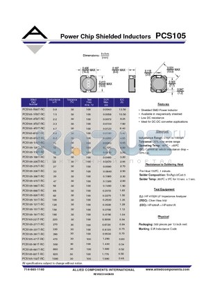 PCS105-1R5T-RC datasheet - Power Chip Shielded Inductors