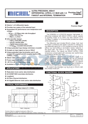 SY58030UMITR datasheet - ULTRA PRECISION, 400mV DIFFERENTIAL LVPECL 4:1 MUX with 1:2 FANOUT and INTERNAL TERMINATION