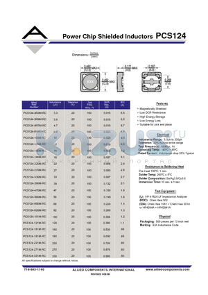 PCS124-220M-RC datasheet - Power Chip Shielded Inducto r s