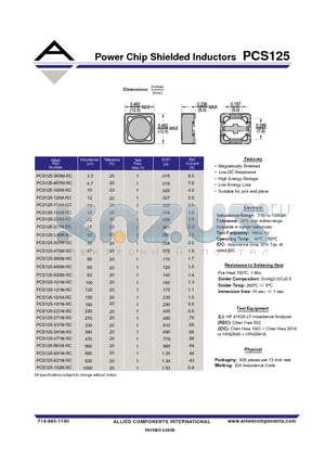 PCS125-100M-RC datasheet - Power Chip Shielded Inductors