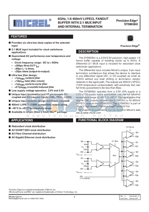 SY58036UMITR datasheet - 6GHz, 1:6 400mV LVPECL FANOUT BUFFER WITH 2:1 MUX INPUT AND INTERNAL TERMINATION