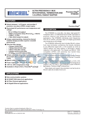 SY58038UMI datasheet - ULTRA PRECISION 8:1 MUX WITH INTERNAL TERMINATION AND 1:2 LVPECL FANOUT BUFFER