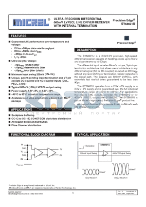 SY58601U datasheet - ULTRA-PRECISION DIFFERENTIAL 800mV LVPECL LINE DRIVER/RECEIVER