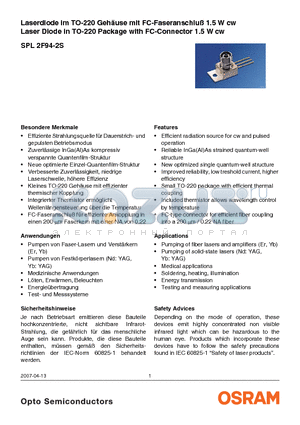 SPL2F94-2S datasheet - Laser Diode in TO-220 Package with FC-Connector 1.5 W cw
