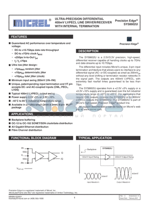 SY58602U datasheet - ULTRA-PRECISION DIFFERENTIAL 400mV LVPECL LINE DRIVER/RECEIVER WITH INTERNAL TERMINATION