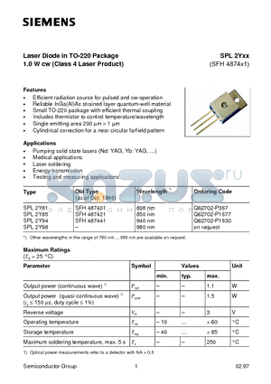 SPL2Y98 datasheet - Laser Diode in TO-220 Package 1.0 W cw Class 4 Laser Product