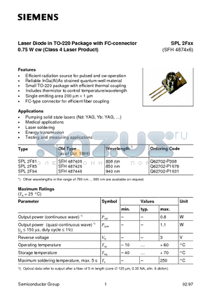 SPL2F94 datasheet - Laser Diode in TO-220 Package with FC-connector 0.75 W cw Class 4 Laser Product