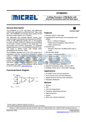 SY58605UMGTR datasheet - 3.2Gbps Precision, LVDS Buffer with Internal Termination and Fail Safe Input