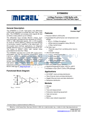 SY58605U datasheet - 3.2Gbps Precision, LVDS Buffer with