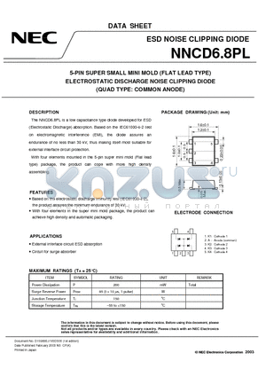 NNCD68PL datasheet - 5-PIN SUPER SMALL MINI MOLD FLAT LEAD TYPE ELECTROSTATIC DISCHARGE NOISE CLIPPING DIODE QUAD TYPE: COMMON ANODE