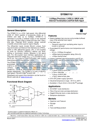 SY58611U datasheet - 3.2Gbps Precision, LVDS 2:1 MUX with Internal Termination and Fail Safe Input