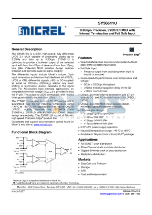 SY58611UMGTR datasheet - 3.2Gbps Precision, LVDS 2:1 MUX with Internal Termination and Fail Safe Input