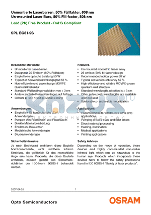 SPLBG81-9S datasheet - Un-mounted Laser Bars, 50% Fill-factor, 808 nm