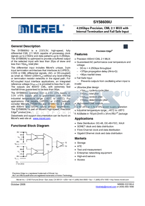 SY58609U datasheet - 4.25Gbps Precision, CML 2:1 MUX with Internal Termination and Fail Safe Input