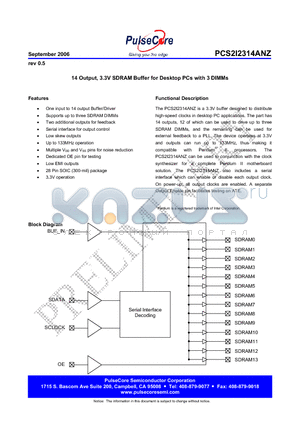 PCS2I2314ANZG-28-SR datasheet - 14 Output, 3.3V SDRAM Buffer for Desktop PCs with 3 DIMMs