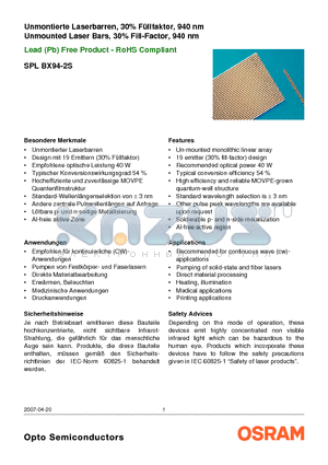 SPLBX94-2S datasheet - Unmounted Laser Bars, 30% Fill-Factor, 940 nm