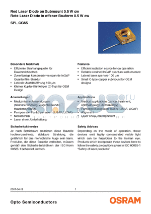 SPLCG65 datasheet - Rote Laser Diode in offener Bauform 0.5 W cw