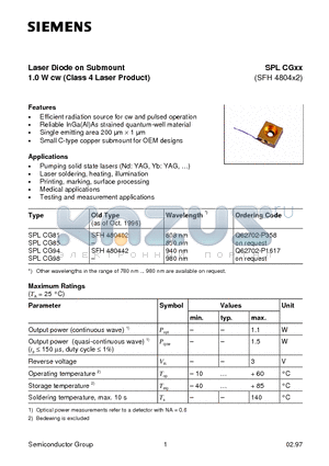 SPLCG81 datasheet - Laser Diode on Submount 1.0 W cw Class 4 Laser Product