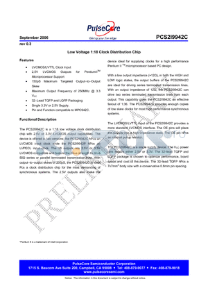 PCS2I9942C datasheet - Low Voltage 1:18 Clock Distribution Chip